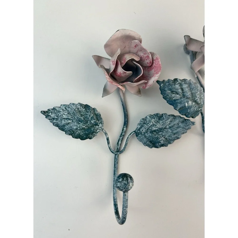 Vintage Italian Tole Rose Pink Wall Hook SET OF 2 Metal Shabby Chic Cottagecore